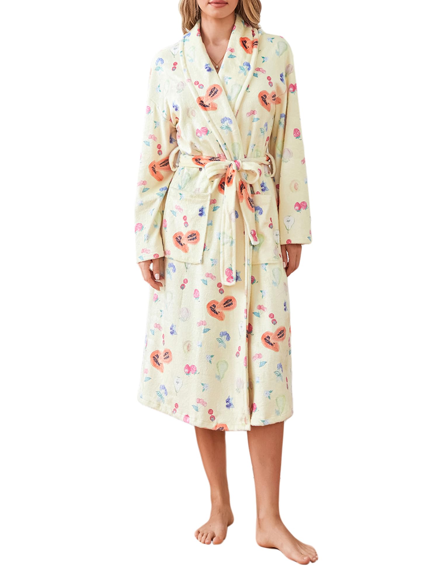 SANSIWUWomen Soft Fleece Long Robe Floral Fruit Print Plush Shawl Collar Bathrobe Warm Lounge Robe Pjs Party Kimono Robe with Pockets