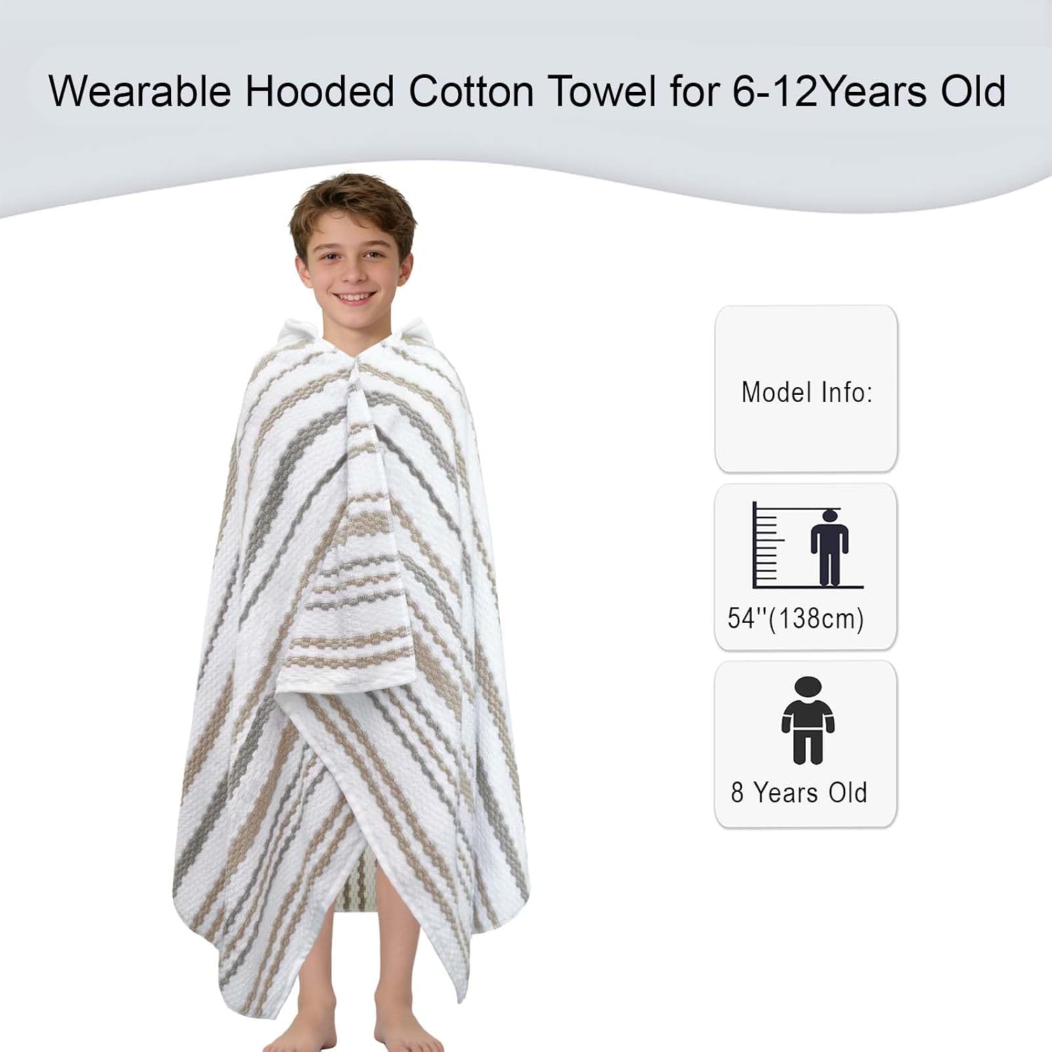  Kids Hooded Bath Towel,6-12 Years,100% Cotton | 66X34 Inch,Brown Gray Stripe,Thick,Soft, Absorbent, Quick-Drying, Beach/Pool/Swim Essentials thumbnail