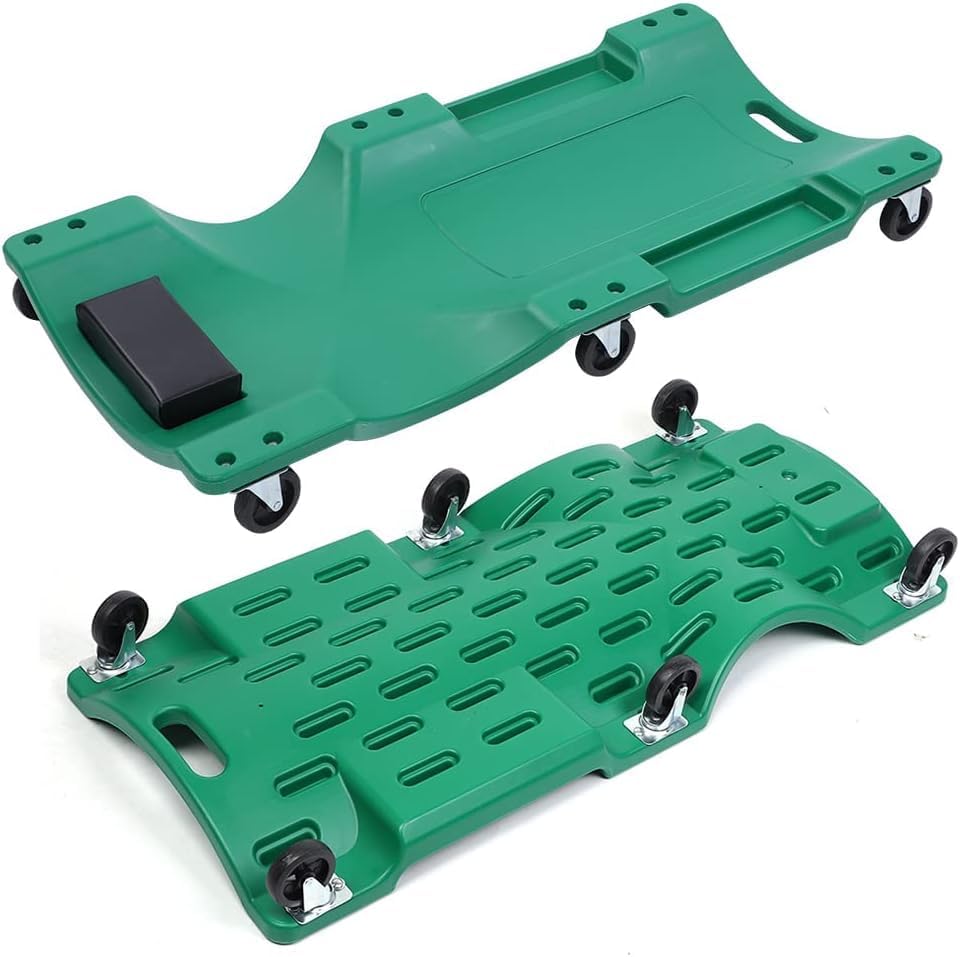 Mechanic Creeper, 36 x 17 inches, 300 lb Capacity, 6 Swivel Casters, Padded Headrest, Green