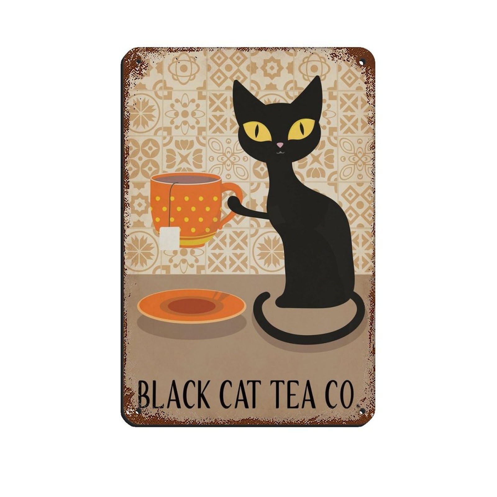 Black Cat And Tea, Tea Poster, Cat Lover Gift Tin Sign Vintage Metal Pub Club Cafe Bar Home Wall Art Decoration Poster Retro 8x12inch(20x30cm)