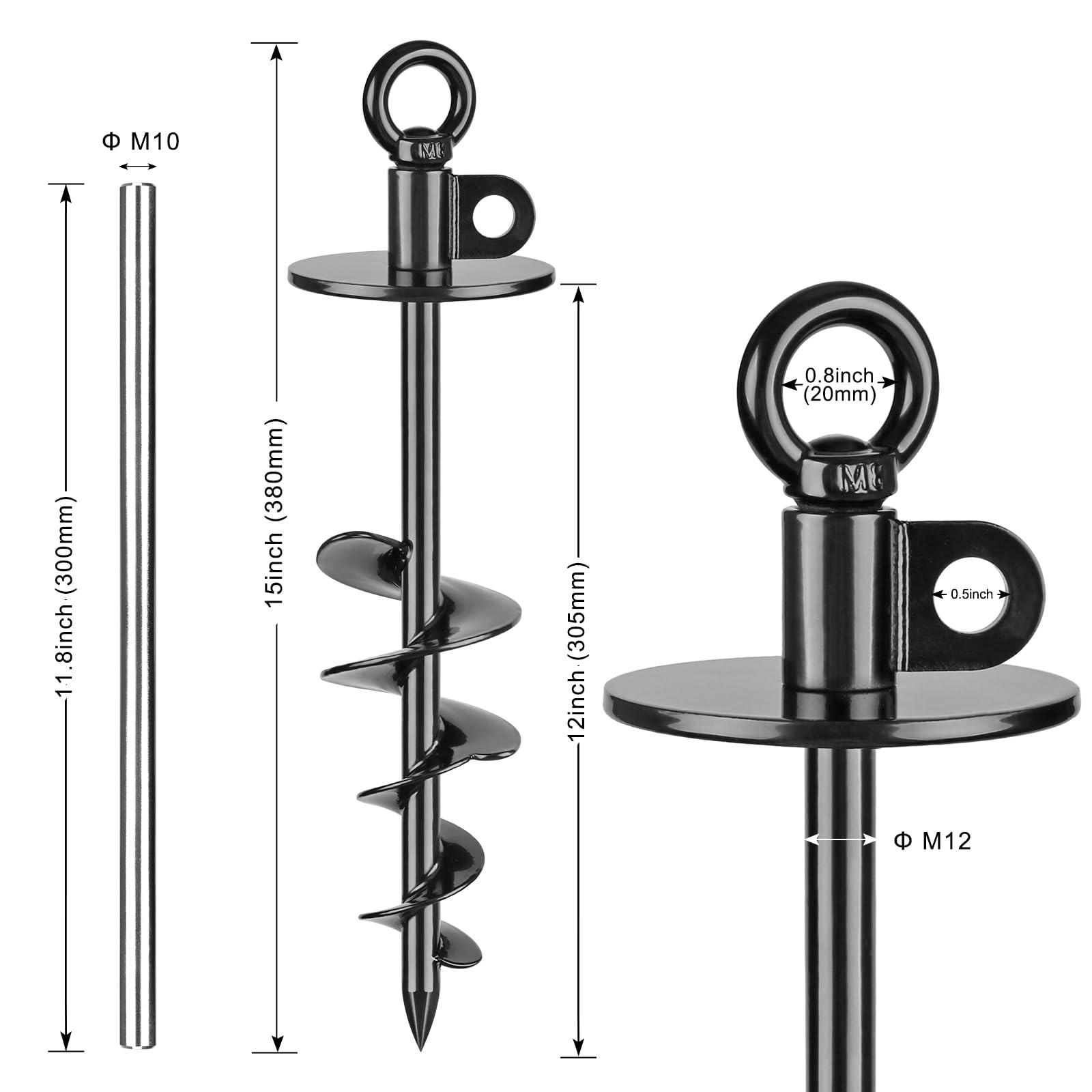 Piquet d'attache robuste pour chiens (100 kg), sans nœuds, facile à installer et à enlever, idéal pour la cour, le camping et la plage (noir)