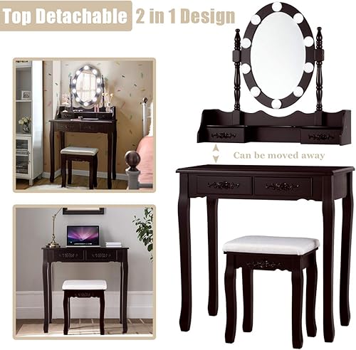 Miniatura 4 de DORTALA Juego de mesa de tocador, mesa de maquillaje con espejo iluminado, 4 cajones, taburete acolchado, pierna de madera maciza, 10 bombillas