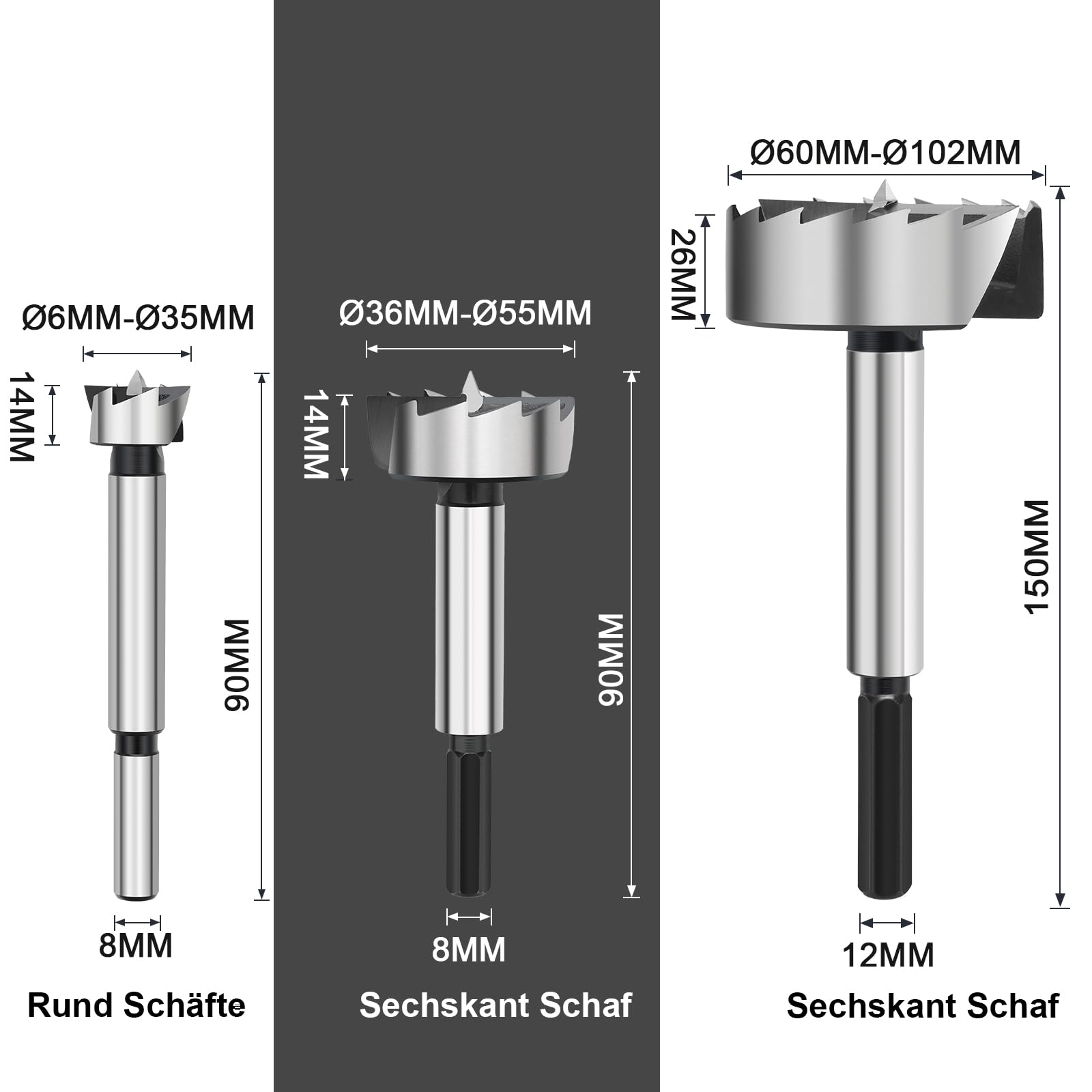 Forstnerbohrer 12mm per legno, Forstner Bits diametro 12mm, lunghezza 90mm con gambo tondo da 8mm