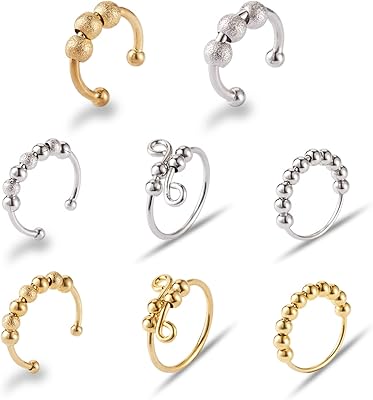 Spritewelry 8Pcs Anxiety Fidget Ring Brass Spinner Rings Open Adjustable Ring with Beads Fidget Spinner Stress Relieving Anxiety Rings for Women Men (Golden & Stainless Steelï¼‰