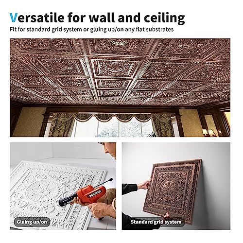 Image of Art3d Drop Ceiling Tiles, Glue up Ceiling Tiles, 2'x2' Plastic Sheet in Antique Copper (24-Pack, 96 Sq.ft)