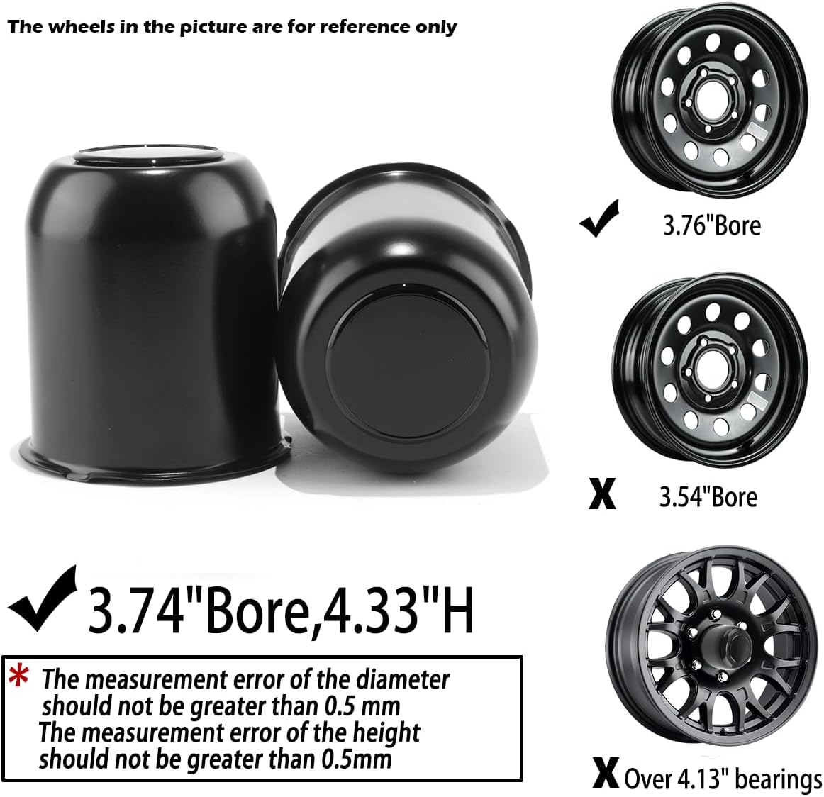 2Pcs 3.74inch Stainless Trailer Wheel Center Caps Push Through 3.74" Bore 4.33" Tall Top Removable Hub Cap for Truck SUV RV Wheel Rim, Matt Black Wheel Cover