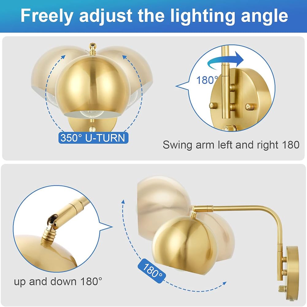 Gold Wandlampe Dimmbar mit Schalter Innen Wandleuchte mit Schalter und Stecker Drehbar Wandbeleuchtung Retro Industrial Verstellbare Wand Leselampe für Wohnzimmer, Schlafzimmer, Büro,1 stück