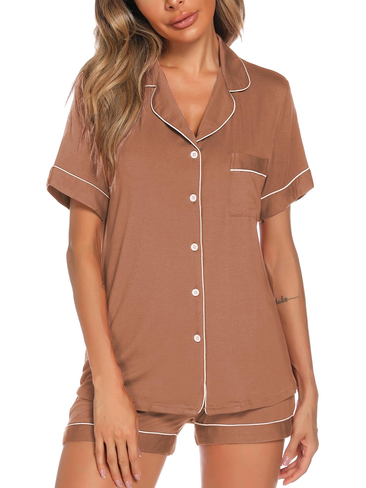 Aamikast Button Up Pajama Set for Women Shorts Short Sleeve Knit Sleepwear 2 Pice Pjs Sets