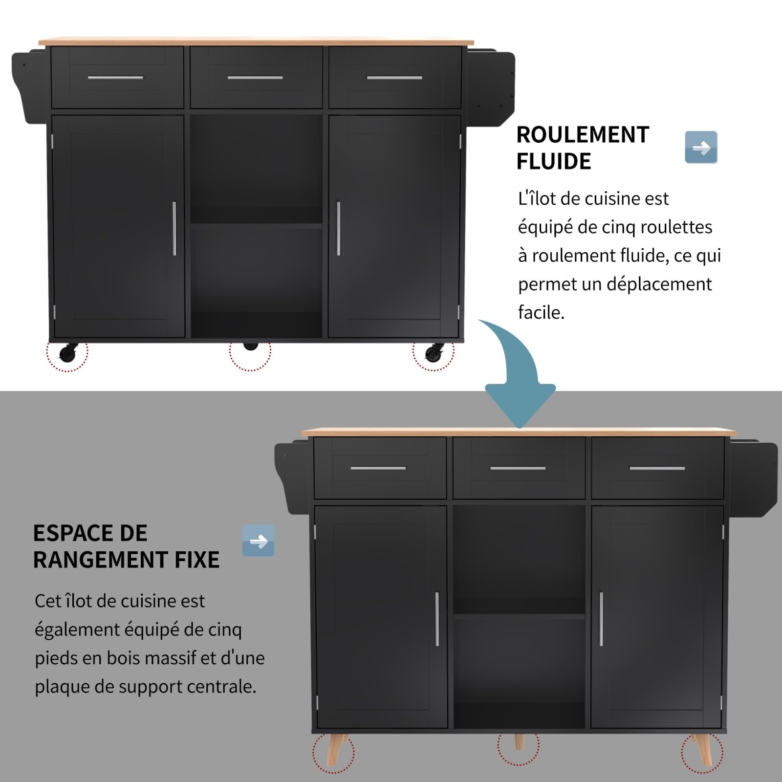 YEHTOKHOME Îlot Central Cuisine avec Plan Rabattable, Desserte de Cuisine à roulettes, Buffet Salle a Manger avec 2 Portes et 2 Tiroirs, Étagère à Épices,Porte-Serviettes (Noir)