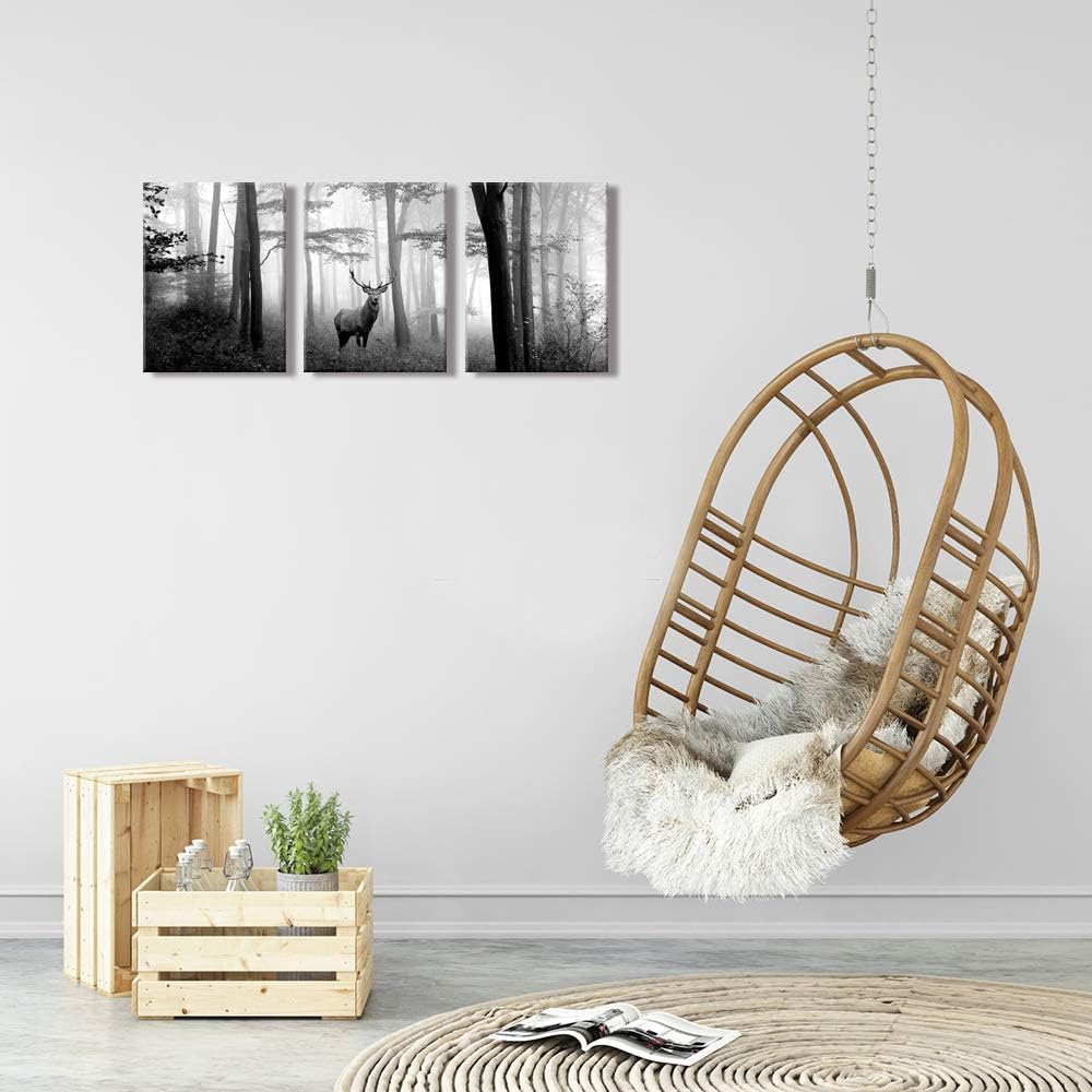 Visual Art Decor Black and White Wall Art Deer in Autumn Foggy Forest Picture Indeer Elk Stag Canvas Prints for Home Living Room Bedroom Wall Decoration Ready to Hang