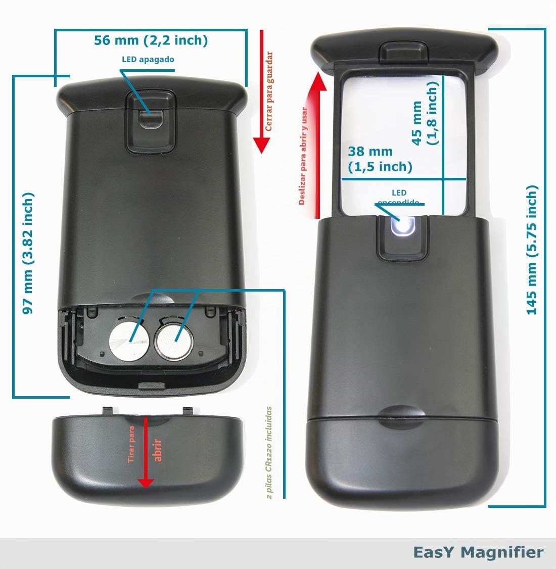 EasY Magnifier Lupa de Bolsillo con Luz LED 3.0X (300%) movil; Lupas pequeña Lectura de Gran Aumento Profesional; Lupa de Mano Niños iluminada para Leer; Regalos para Personas Mayores e Infantil