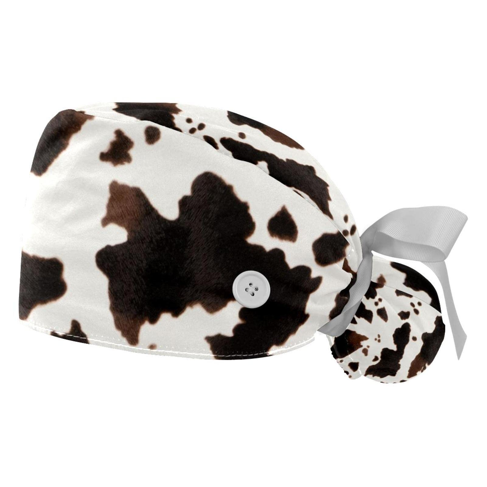 2 PCS Bouffant Cap with Button Ponytail Pouch Working Cap Sweatband Adjustable Surgical Cap Black and White Cow