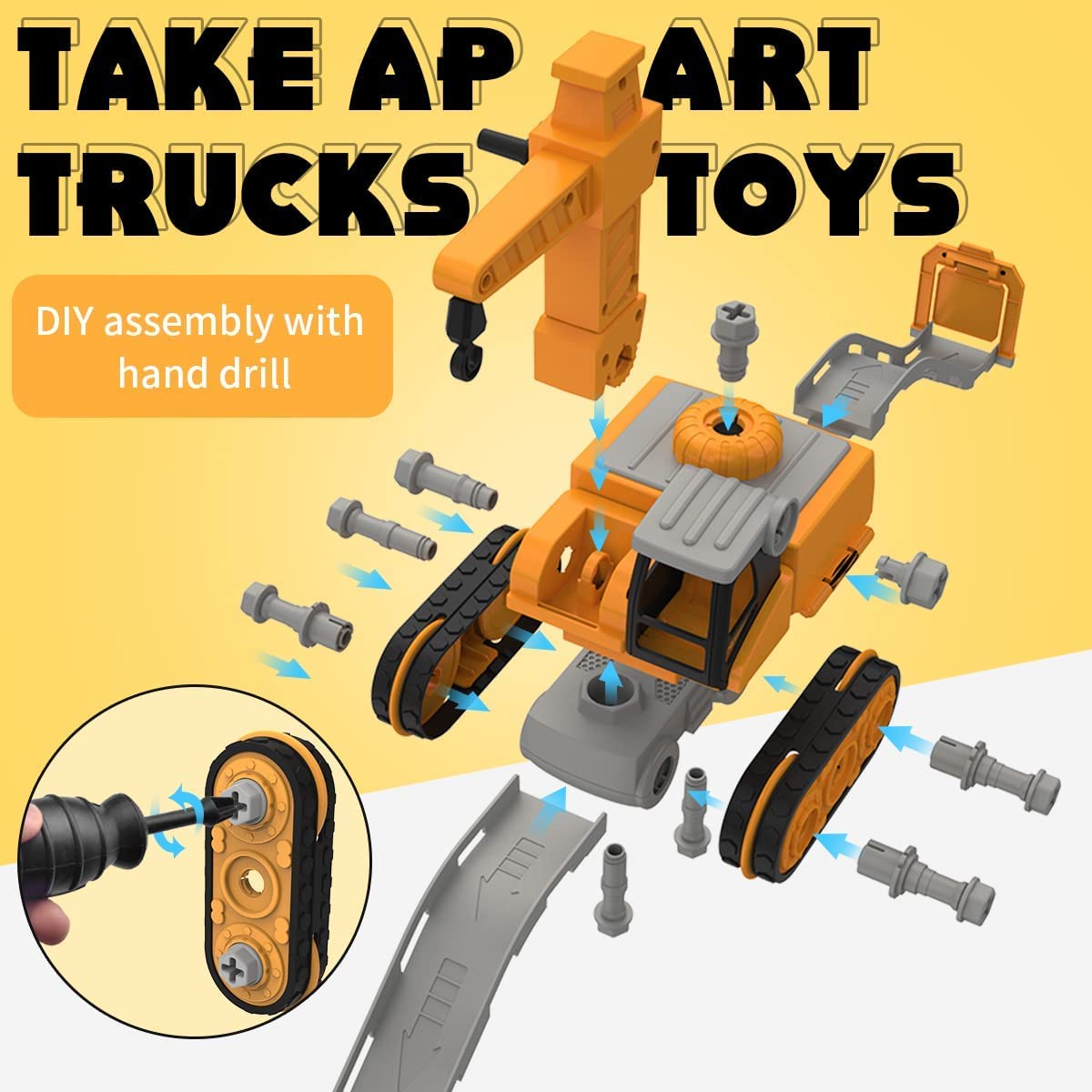 4 in 1 Kit Giocattolo Montaggio DIY, Set Veicoli da Costruzione STEM Escavatori Camion Gru Giocattoli , Interattivi Giocattolo Regalini Compleanno Natale con Trapano Elettrico per Bambini