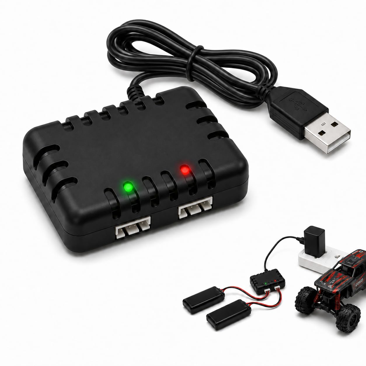 7.4V RC Battery Charger, USB 2-in-1 Charging Cable with XH-3P Plug, Overcharge Protection for 2S Batteries RC Cars Boat Airplane Truck Quadcopter Airsoft SCX24 SCX10