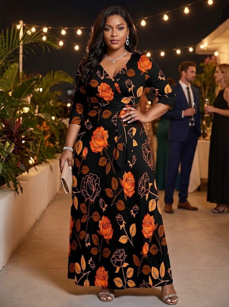 Women's Plus Size Maxi Dress with Pockets - V Neck 3/4 Sleeve Wrap Boho Floral Long Dresses - Image 2