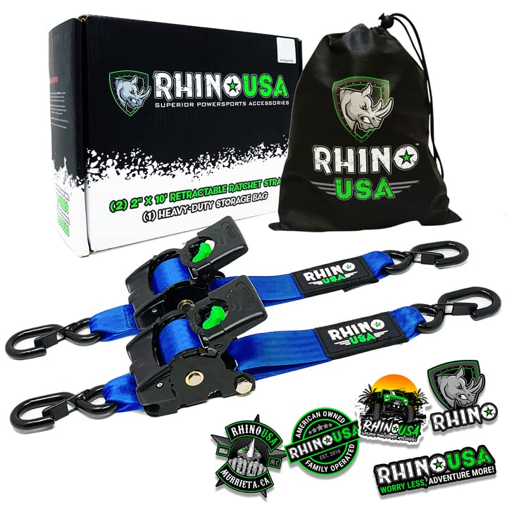 Photo 1 of Rhino USA Retractable Ratchet Tie Down Straps (2PK) - 3,033lb Guaranteed Max Break Strength, Includes (2) Ultimate 2" x 10' Autoretract Tie Downs with Padded Handles Blue 2PK
