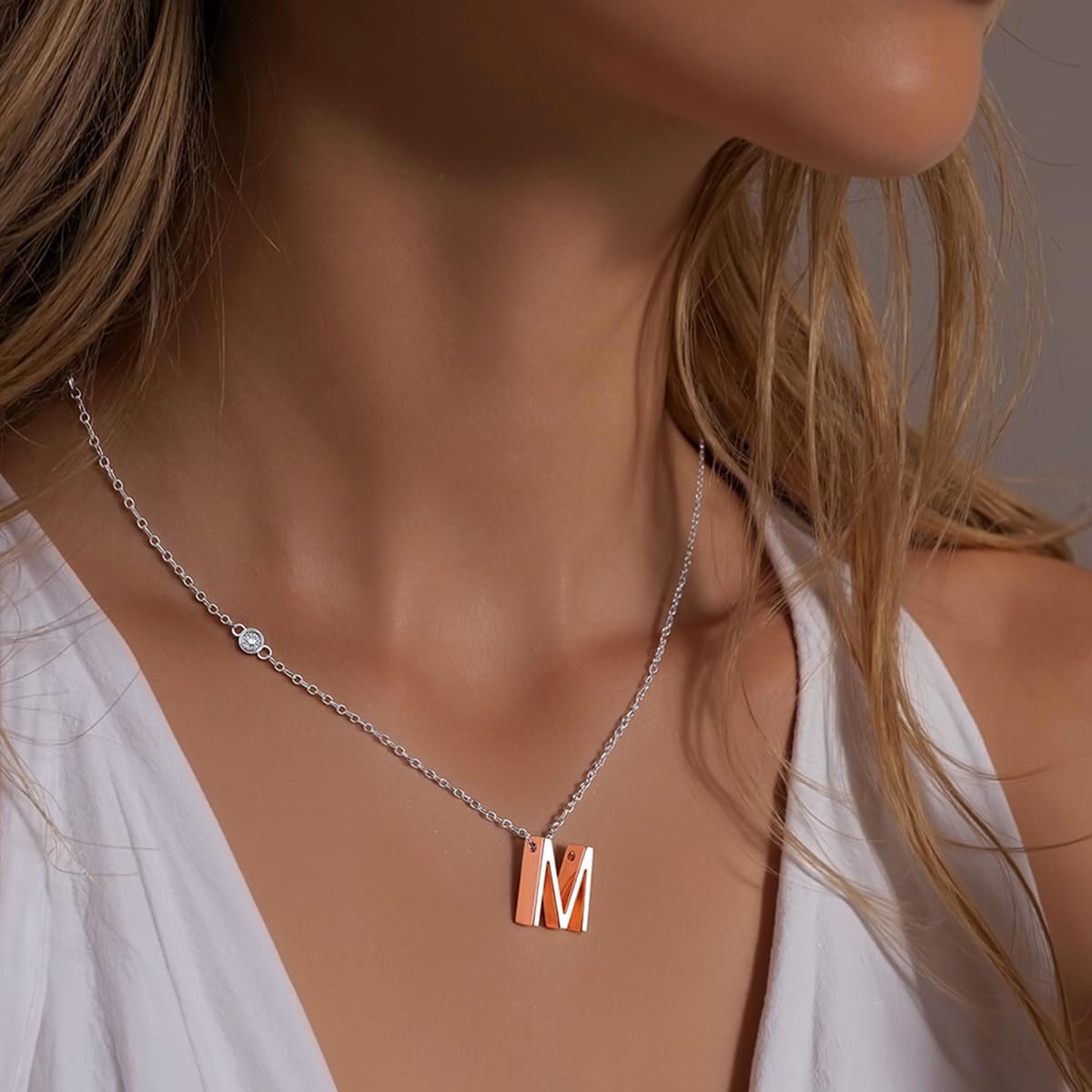 Valentine‘s Day Gift for Her - Personalized Initial Necklace with Elegant Two-Tone Design | 18K Rose Gold Plated Letter Pendant on a Shiny Silver-Tone Chain, Cubic Zirconia | Dainty Adjustable Jewelry - Image 3