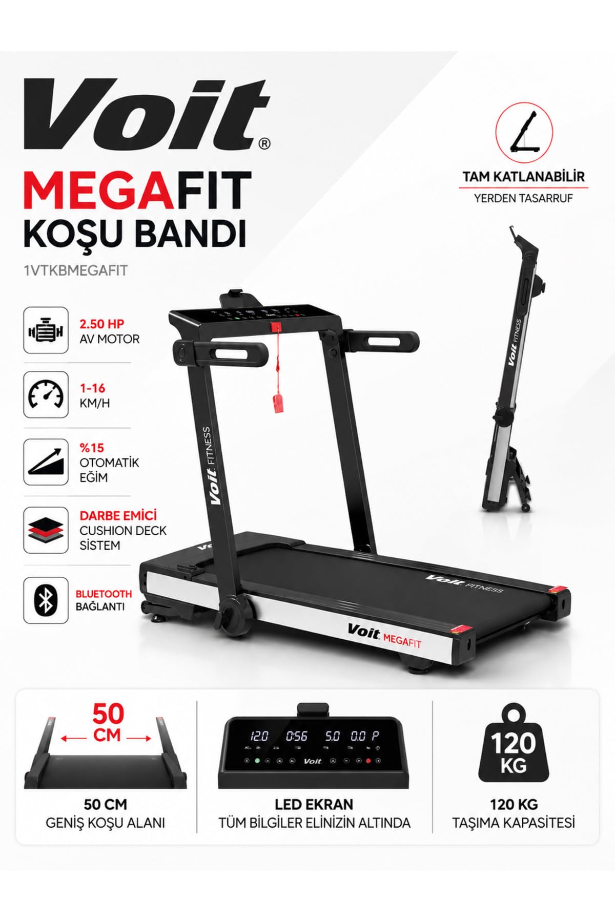 Voit Megafit Katlanabilir Koşu Bandı 2.50 HP AV Motor,%15…