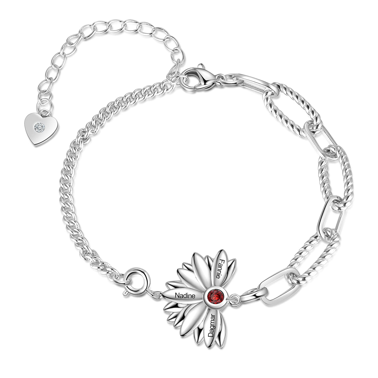 Pulsera personalizada para mujer, pulsera de plata 925 personalizada con piedra natal, dije de girasol ajustable, grabado de 1 a 5 nombres, joyería de Navidad, regalos para mamá, novia