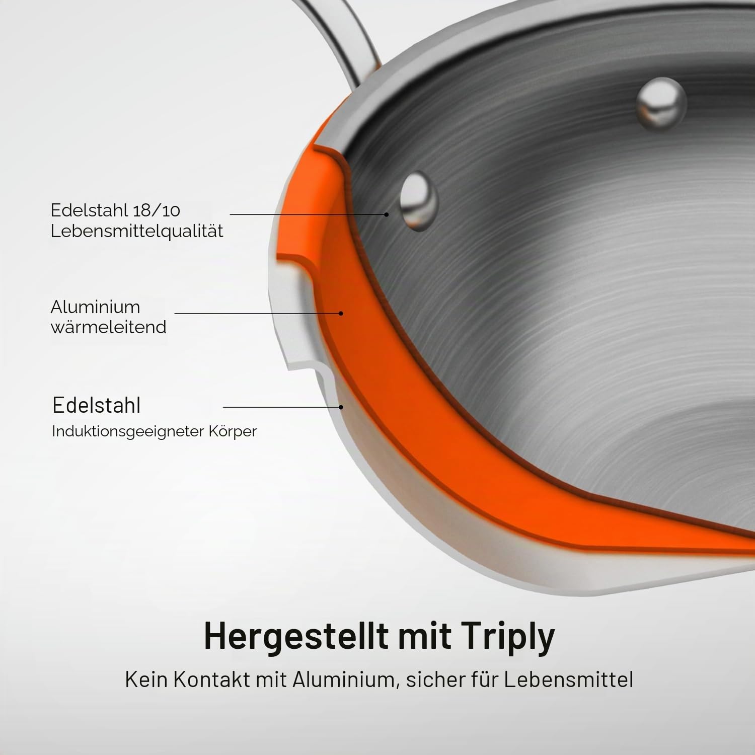 Stahl Artisan Triply Edelstahl-Wok mit Deckel, tiefe Bratpfanne, Induktionsboden, Brat-Wok, Induktions- und Gasherd kompatibel, 2,4 l, 24 cm