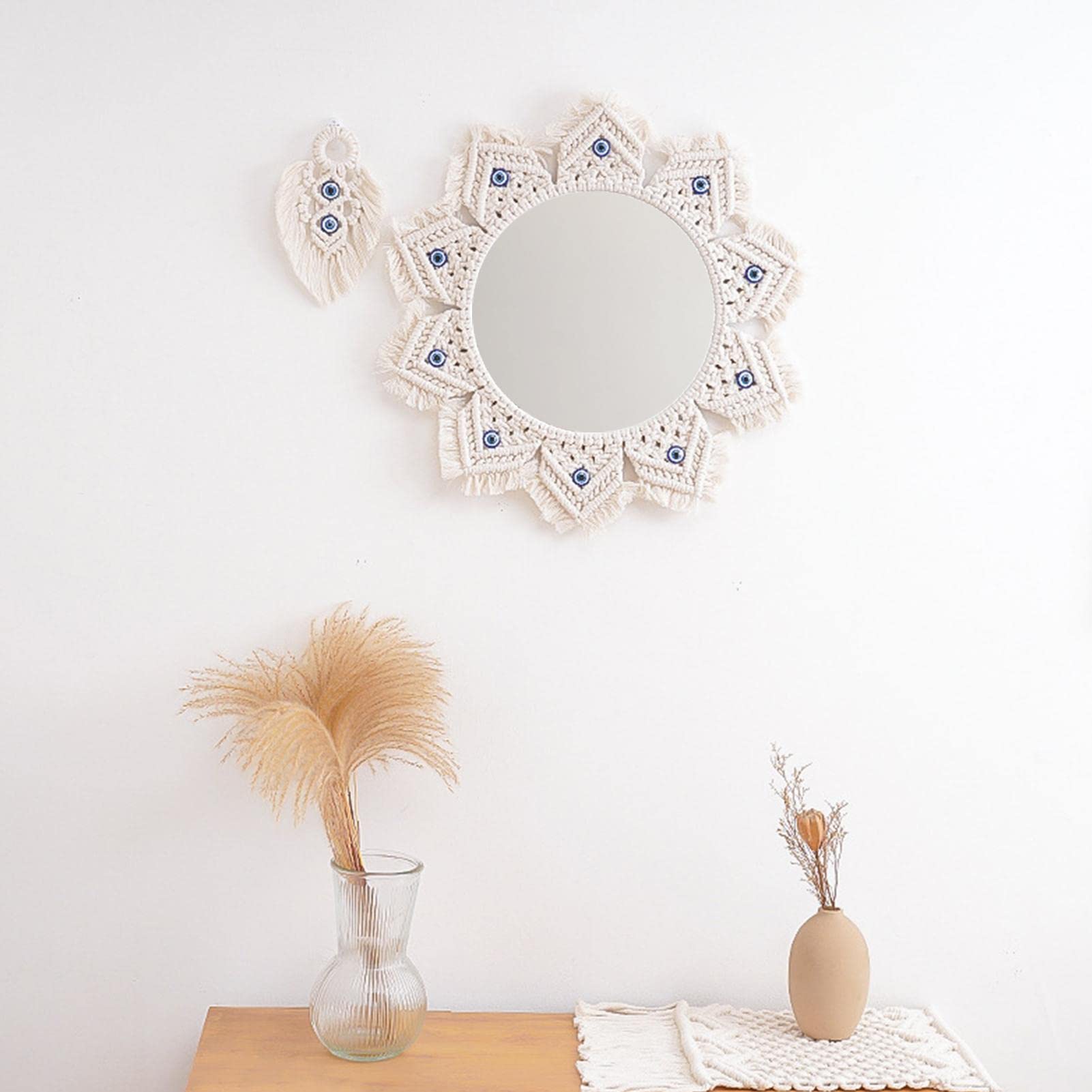 Set Van 2 Hangende Wandspiegels Met Macramé, Rond, Decoratieve Spiegel Wanddecoratie Klein Boho Stijl Voor Woning Slaapkamer Woonkamer Kamerdecoratie