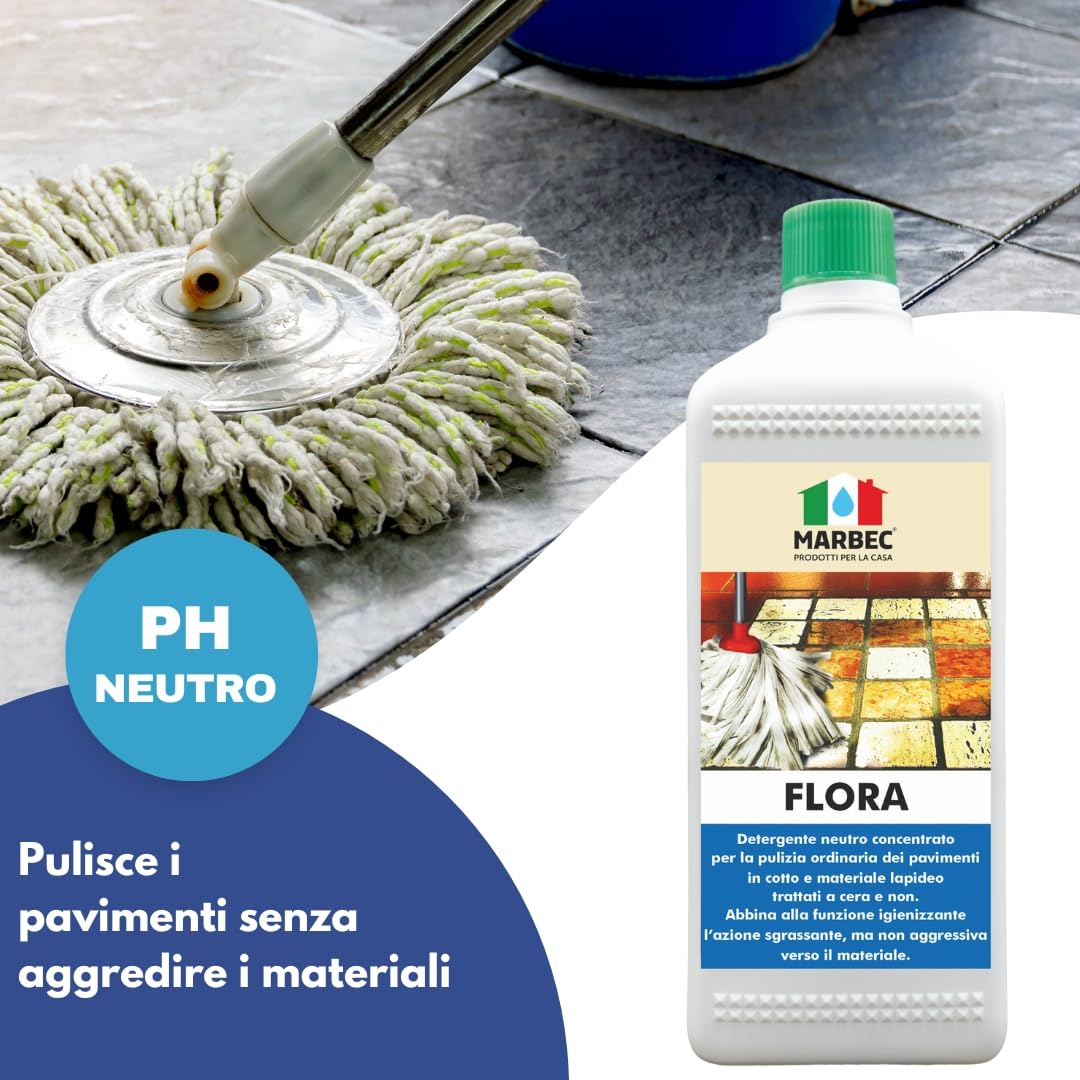 MARBEC FLORA 1LTX6PZ Detergente per pavimenti in cotto e materiali lapidei, ideale per la pulizia ordinaria di superfici trattate e non.