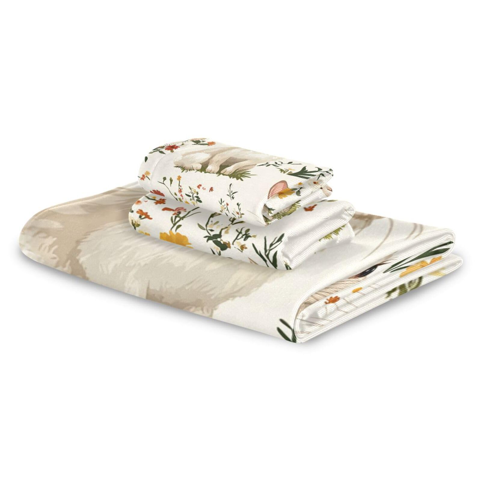 Set di 3 asciugamani per la pulizia del viso con conigli e fiori, 1 asciugamano da bagno, 1 asciugamano per le mani, 1 panno per il corpo e il viso da bagno