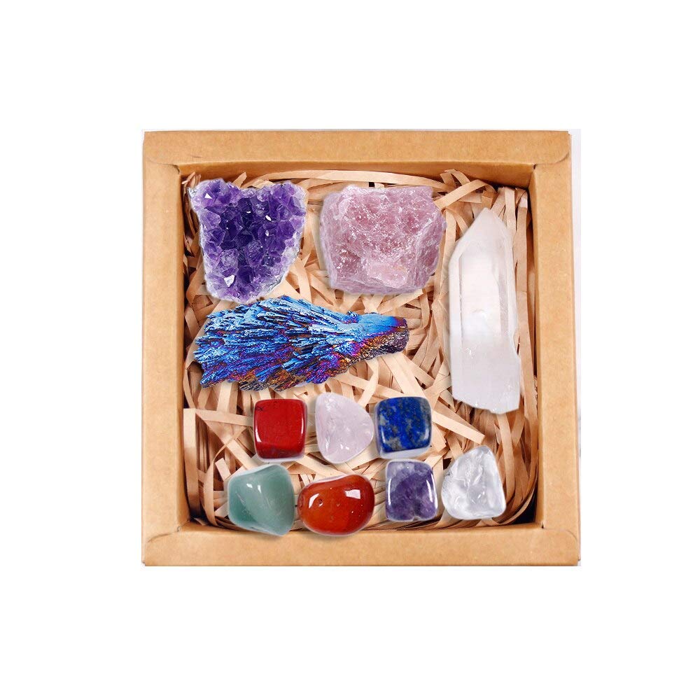 11 PCS Curación de Cristales de curación y Piedras Set de Chakra/racimo de Amatista púrpura, Cuarzo de Rosa y Piedras Preciosas de Cuarzo Transparente, 7 Piedras caídas (Color : Box)