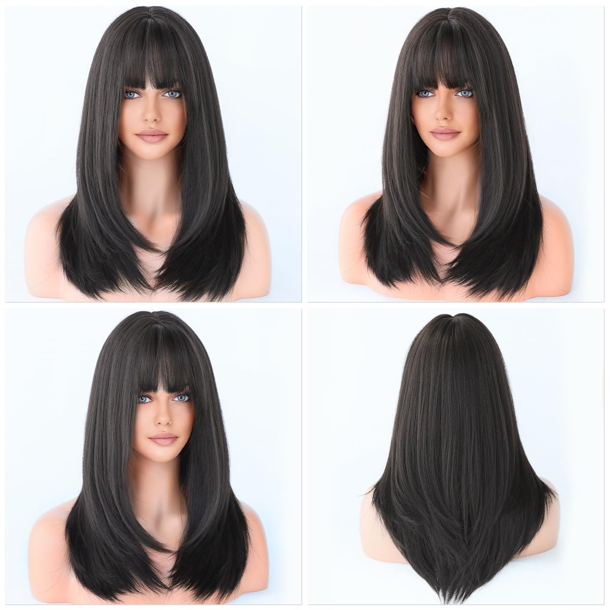 Gemlux Natural Black Real Human Hair Wigs with Bangs for Women Long Straight Layered Glueless Lightweight Heat Resistant Natural Look for Party Cosplay Daily Use Wigs Human Hair Mixed synthetic