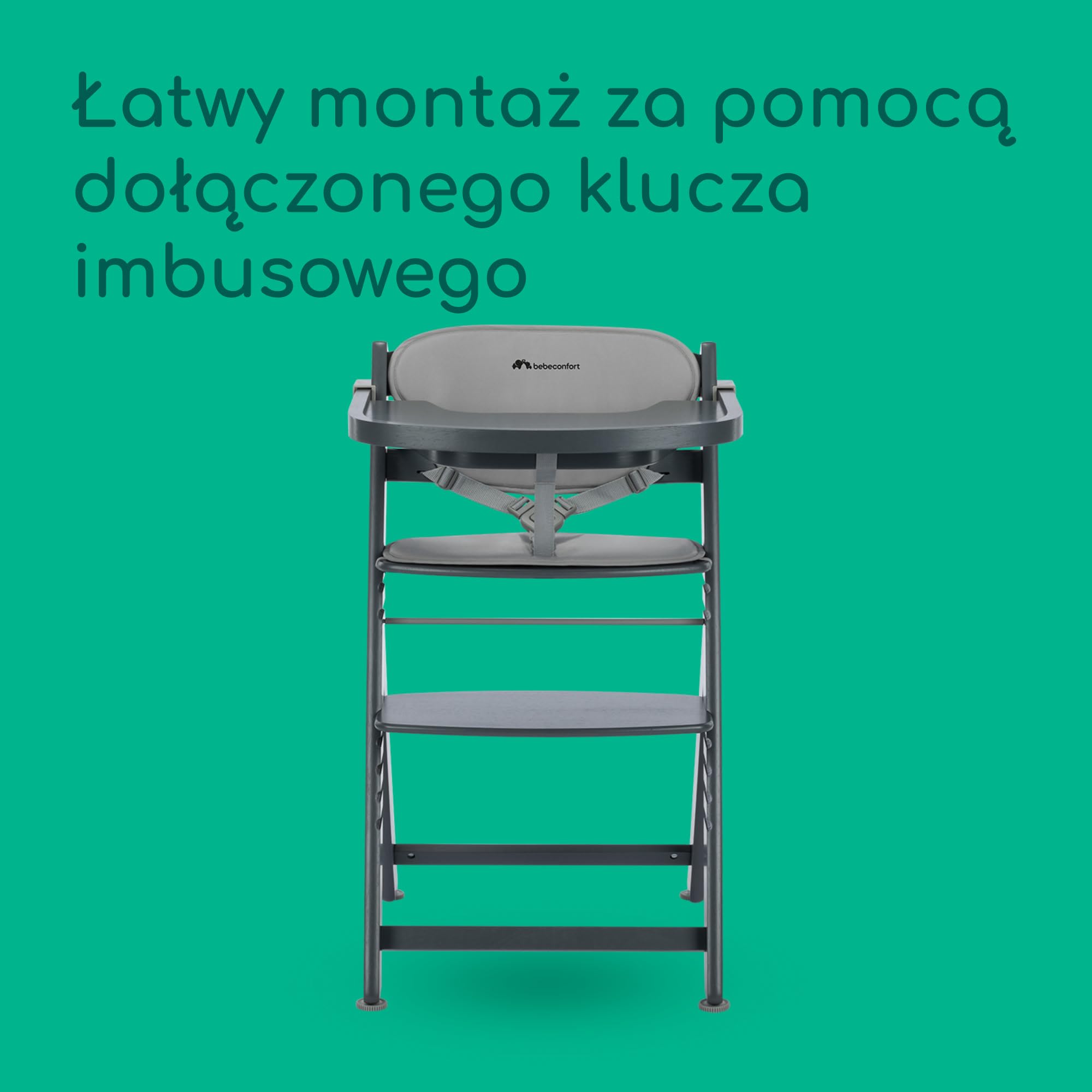 Bebeconfort Timba 2 z Poduszką, Krzesełko Dziecięce Drewniane, 6+ Miesięcy, Do 110 kg, Ergonomiczne Krzesełko do Karmienia, Pasuje do Wielu Stołów, Wyjmowana Taca, Grey Mist