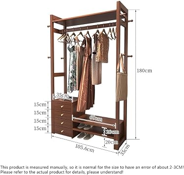 Free Standing Hall Tree Solid Wood Clothes Hanger Floor Bedroom Shoe Rack Living Room Coat Rack with Drawer Multifunctional New Chinese Style Storage Rack Entryway Coat Stand(Wood)