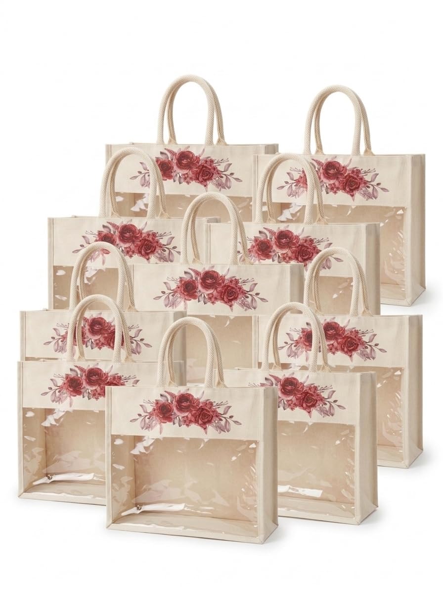 sangra Multicolour Canvas Bags with Transparent Window for Canvas bag for Return Gifts| Canvas Bags for Wedding| Canvas Bag for Shopping| Lunch Bag for Men and Women -Blue Floral (Pack Of 10)-picture-11