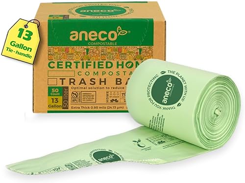 ANECO Bolsas de basura 100% compostables, bolsa biodegradable, extragruesa, OK Compost Home BPI y TUV (13 galones, 50 unidades)