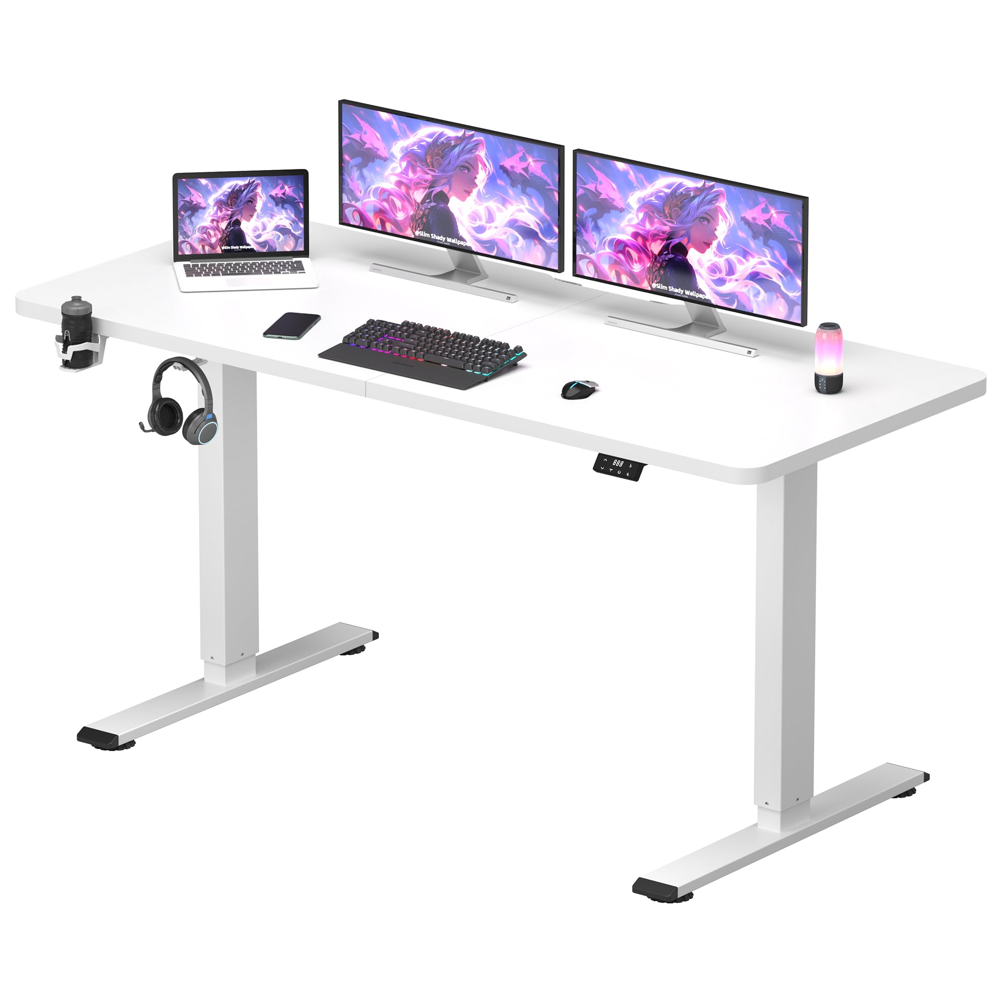 SANODESK QS-Gaming Escritorio Elevable Eléctrico 140x60 cm, Regulable en Altura, Control con Función de Memoria y Gancho, Blanco