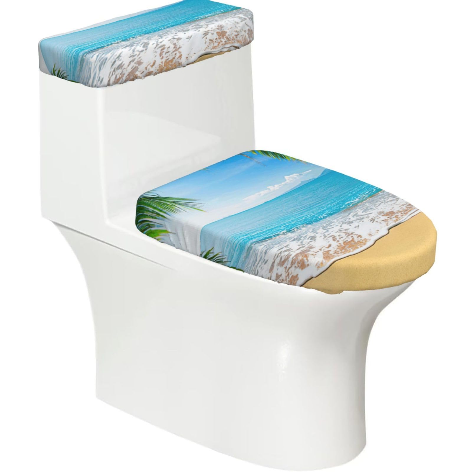 Ocean Sea Beach Palm Leaves Print Bathroom Decor Toilet Lid Cover And Tank Covers, Restroom Accessories Fits Most Round