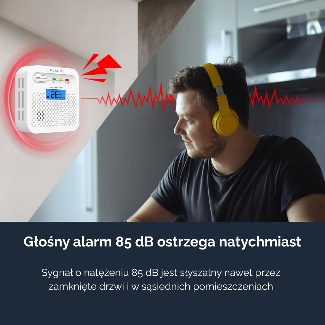 Czujnik Czadu Tlenku Węgla CO WiFi z Aplikacją Tuya SmartLife, Bateria 10 lat, Alarm 85 dB Wyświetlacz LCD Certyfikat EN50291 Bezprzewodowy Detektor CO do domu i mieszkania KLARIO