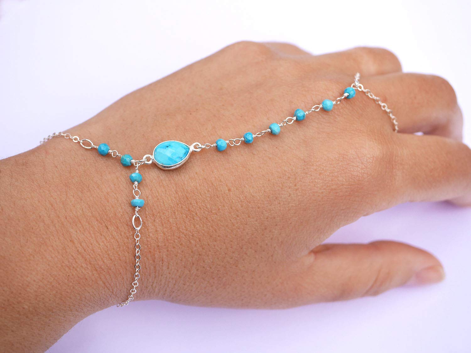 Bijoux de main - Pierre Turquoise - bracelet argent 925 - Chaîne argent - Bracelet de main - Bague argent - Chaine rosaire Turquoise - Boho