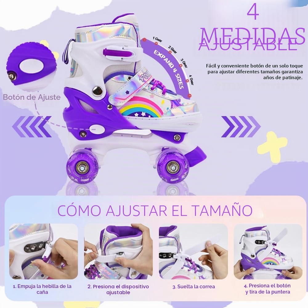 Patines para niños y niñas, Ajustables en 4 tamaños para niños y Principiantes, Patines de Ruedas para Deportes Violeta Arco Iris