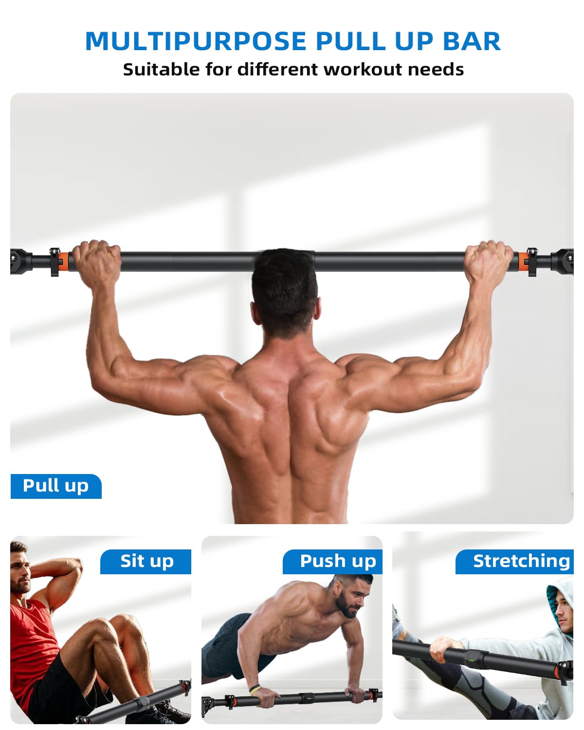 Barra de Dominadas, Ajustable 72cm - 95cm, hasta 200 kg, Antideslizante, Sujeción Segura, Barra Dominadas Pared, Pull Up Bar Ideal para Gimnasio en Casa Entrenamiento