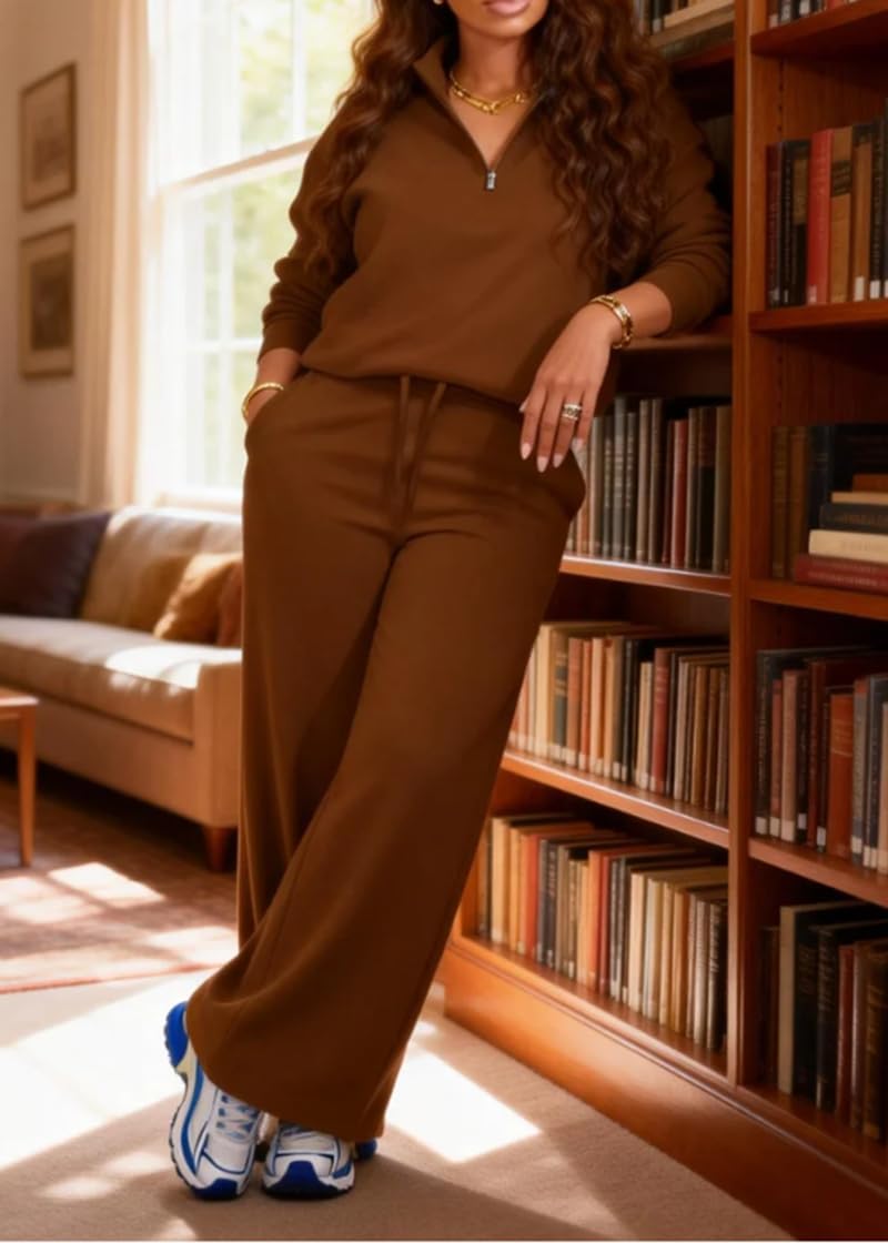 MOEENCN Women 2 Piece Outfits Sweatsuit Oversized Half Zip Sweatshirt Wide Leg Sweatpant Casual Lounge Matching Set Tracksuit - Image 2