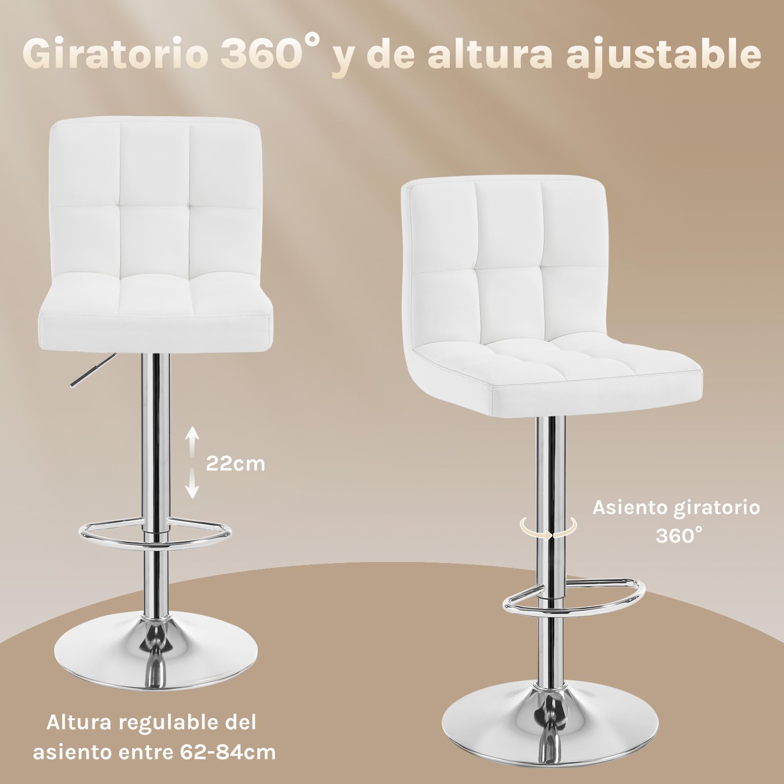 WOLTU Taburete de Bar Giratorio con Respaldo y Reposapies, Blanco | con Reposapiés, para Comedor, Salón y Cafetería