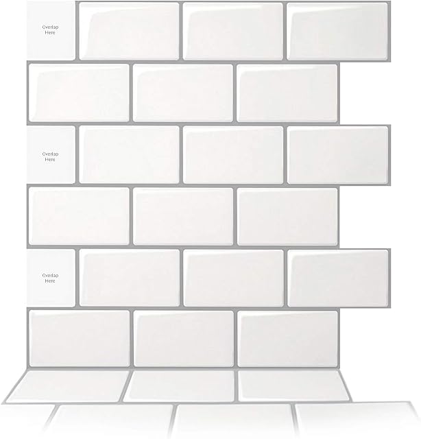 Art3d 10-Sheet Peel and Stick Backsplash, 12 in. x 12 in. Subway 3D Wall Panels, Mono White with Gray Grout (A17048)