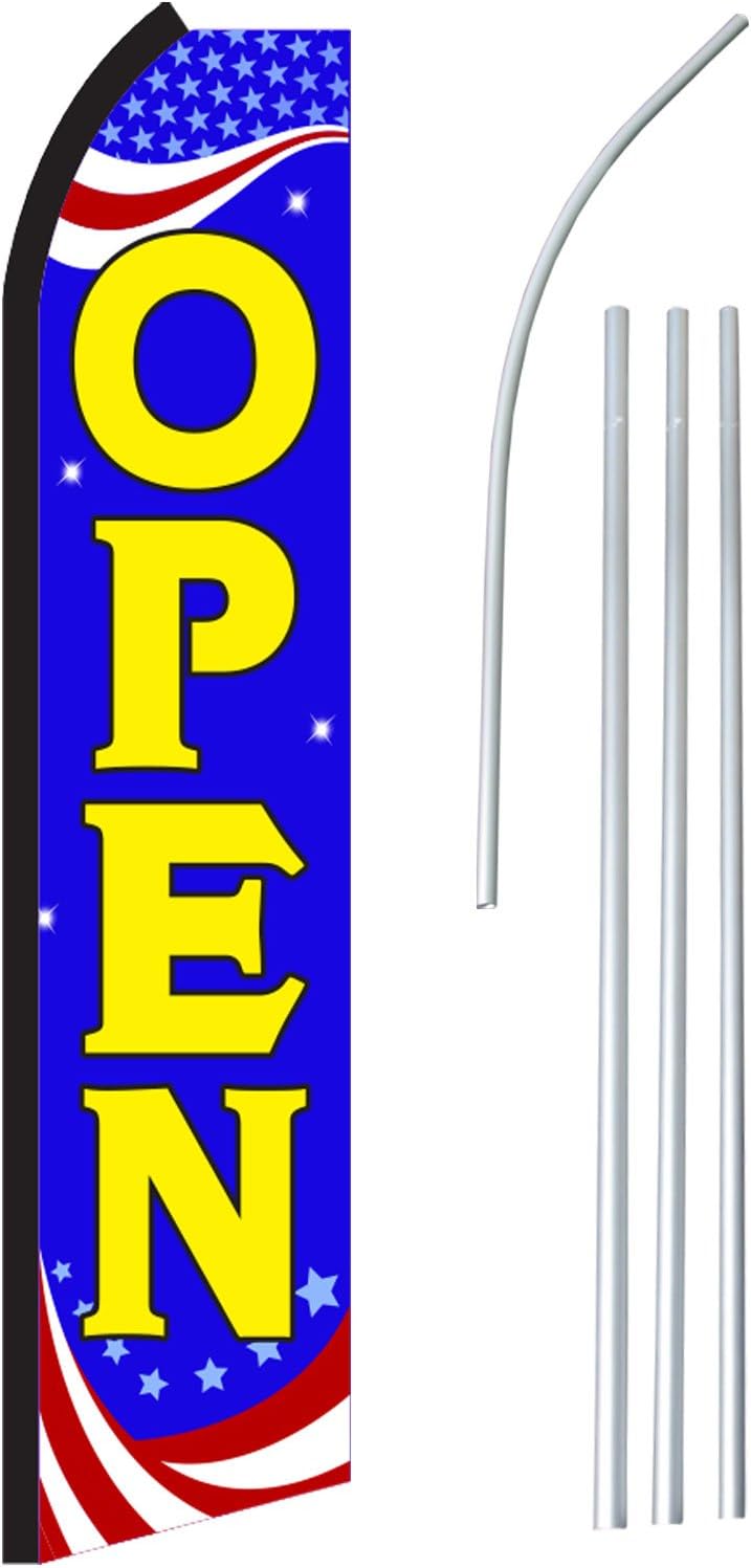 NEOPlex -"Open" - Floppy Flappy Flutter Flag and Pole Set - Includes 12-Foot NEOPlex Feather Flag with 15-Foot Aluminum Pole (no Mount)