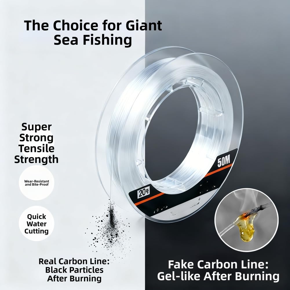 Ligne de pêche fluorocarbone 50 m monofilament solide bas de ligne de ligne de pêche à faible visibilité résistant à l'usure récif marin pêche 18-45,4 kg