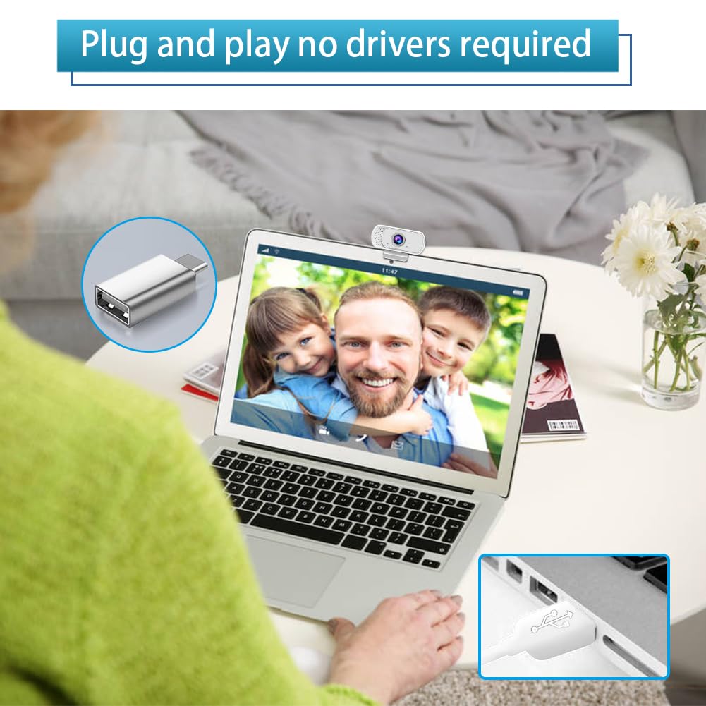 Webcam per PC, webcam HD 1080P con microfono, grandangolo a 110°, USB Plug & Play, cancellazione del rumore per videochiamate, streaming, giochi, otturatore per privacy integrato e treppiede