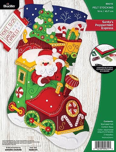 Image of Bucilla Felt Applique 18 inch Stocking Making Kit, Santa's Peppermint Express, Perfect for DIY Arts and Crafts, 89611E