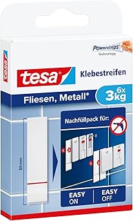 tesa Tiras adesivas para azulejos e metal 3 kg, fita adesiva dupla face para superfícies sólidas e lisas, capacidade de carga até 3 kg por tira, embalagem com 6 peças