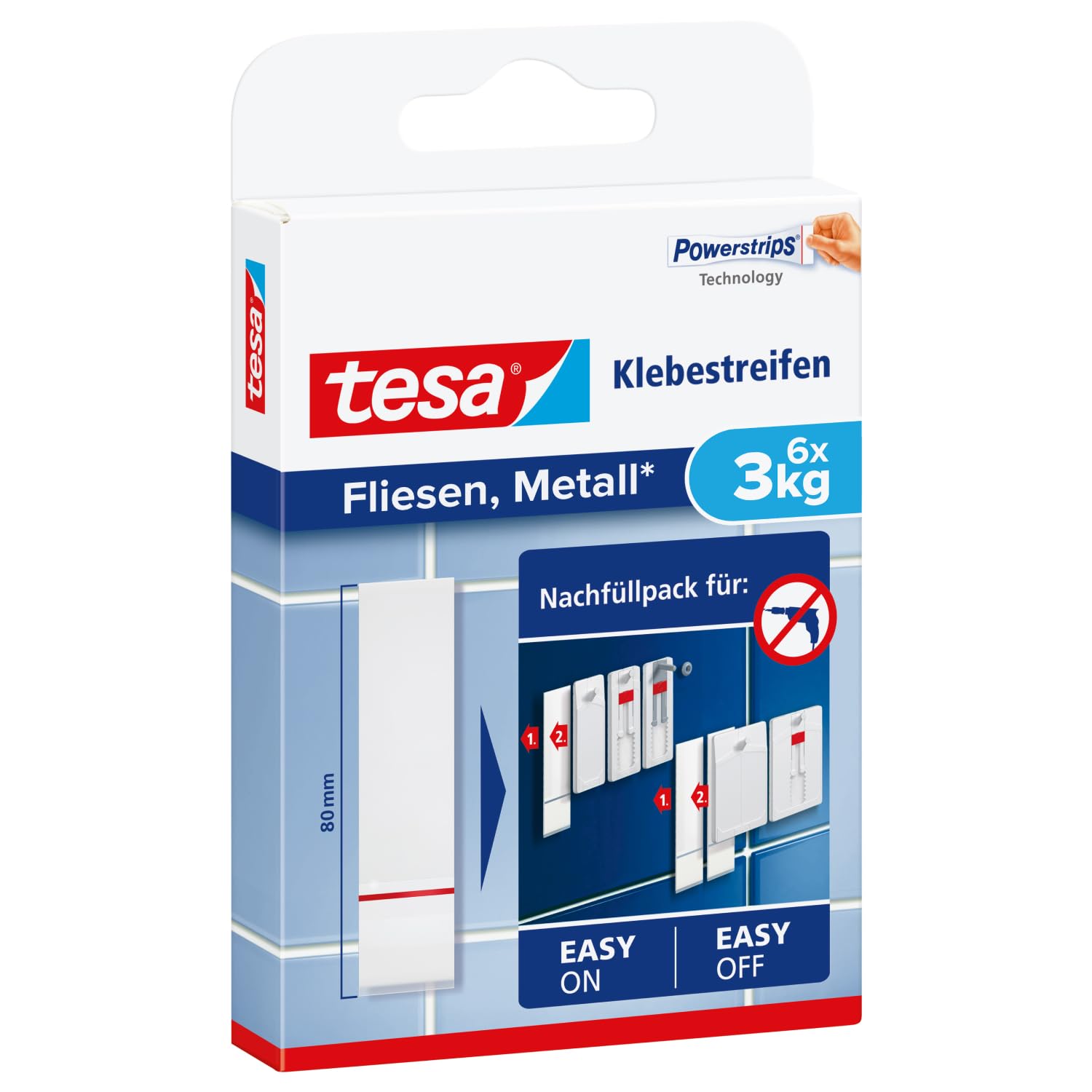 tesa Adhesive Strips for Tile and Metal 3kg - Double Sided Tape for Solid, Smooth Surfaces - Holds up to 3 kg per Strip - Pack of 6 Pieces