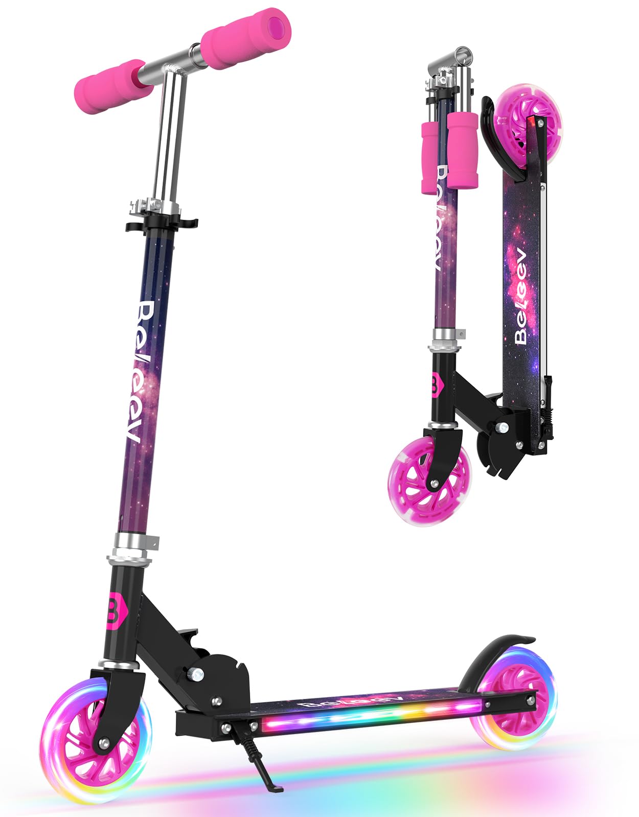 BELEEV V1Plus Scooter for Kids Ages 3-12 with Light-Up Wheels & Deck, 2 Wheel Kid Scooters for Girls and Boys, 3 Adjustable Height, Folding Scooter with Sturdy Kickstand(Galaxy Purple)