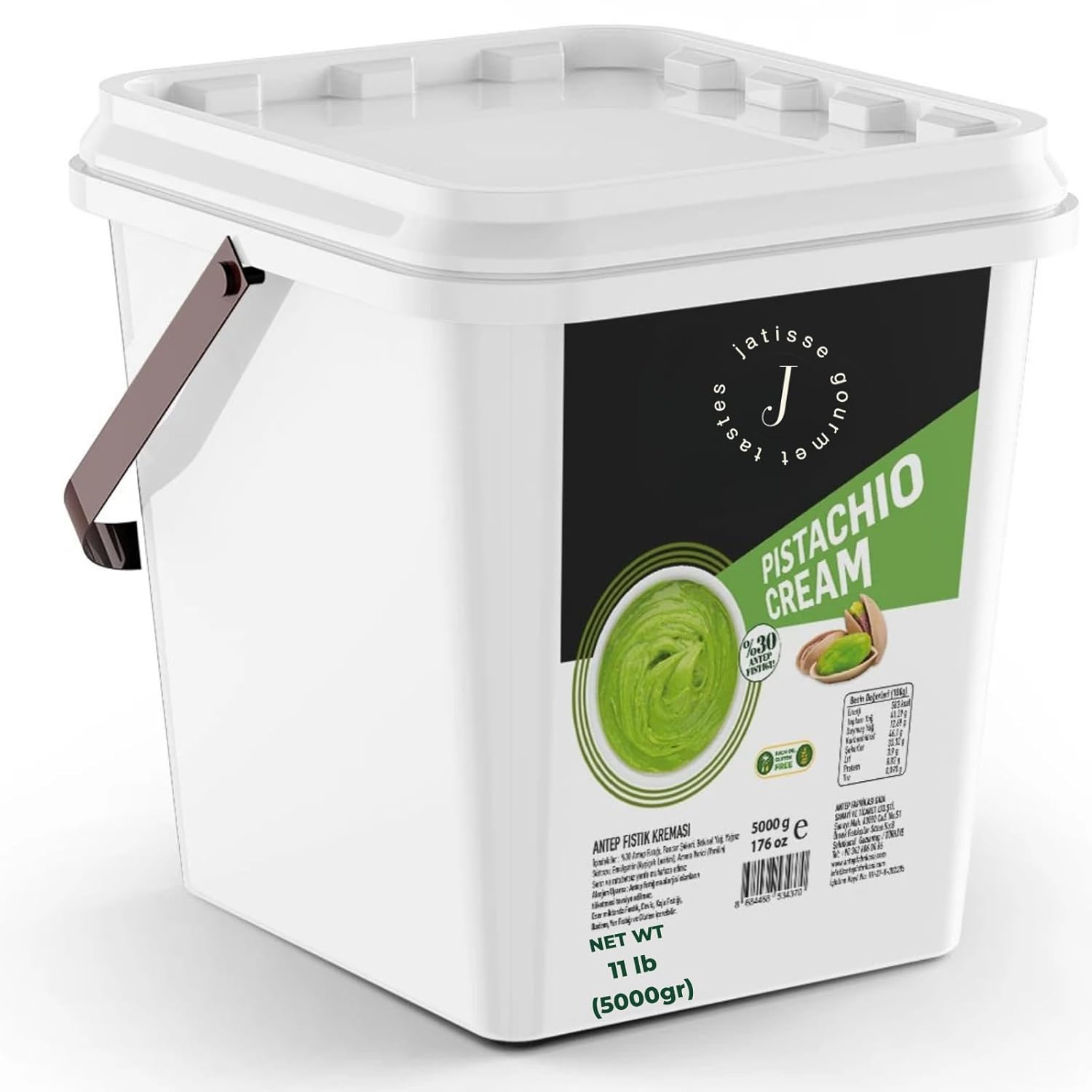Jatisse 30% Pistachio Cream 5kg (11 lb) – Bulk Spread for Bakery, Wholesale & Restaurant – No Palm Oil – Clean Ingredients – Turkish Dessert Filling – Ideal for Dubai Chocolate Bar & Pastries (11lbs / 5kg)